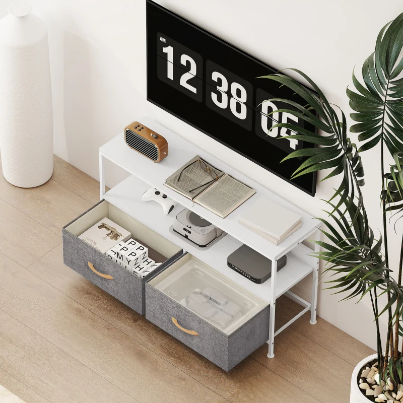 HOMCOM TV-Möbel mit Regal und 2 faltbaren Stoffschubladen für Fernseher bis zu 119,4 cm Länge 98 cm Weiß und Grau