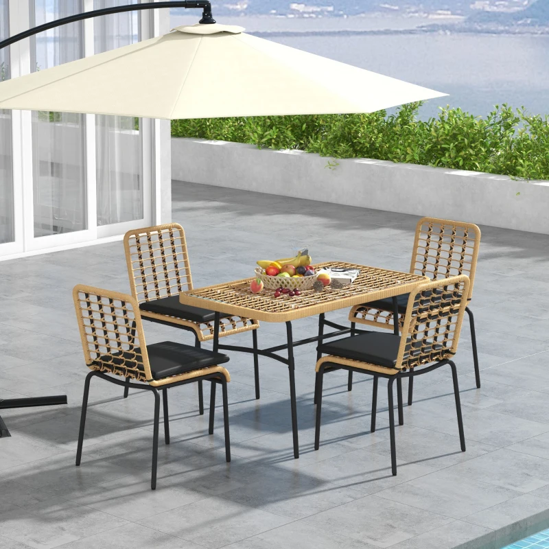 Outsunny Ensemble table et 4 chaise de jardin, 5 pièces en résine tressée, métal noir et verre trempé - coussins inclus