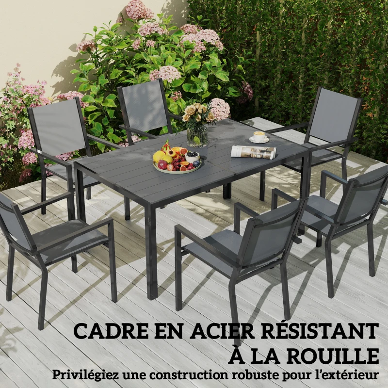 Outsunny Table de jardin extérieure avec 6 chaises empilables, plateau à lattes 150 cm, structure en acier anti-rouille, gris