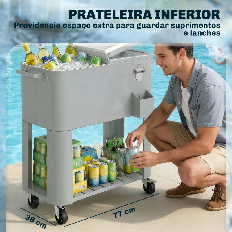 Outsunny Carrinho Refrigerador de 76L com Rodas Prateleira Abre-Garrafas Coletor de Tampas Dreno e 2 Alças para Pátio Festa 92x39x81 cm Prata