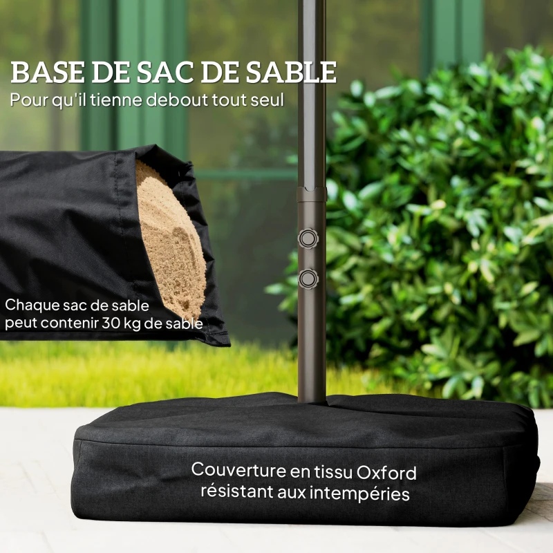 Outsunny Parasol de jardin exterieur parasol double rectangulaire 4,6L x 2,7l x 2,4H m avec ouverture fermeture manivelle, sacs de lestage et base inclus, pour balcon, piscine, gris