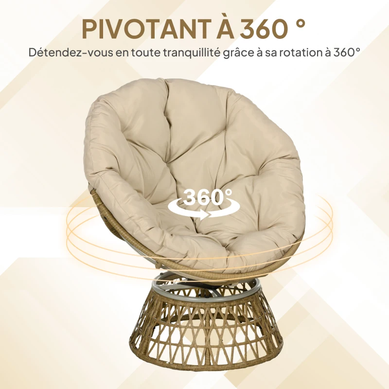 Outsunny Fauteuil papasan en rotin, fauteuil pivotant à 360° avec coussin rembourré, 85 x 70 x 82 cm, kaki
