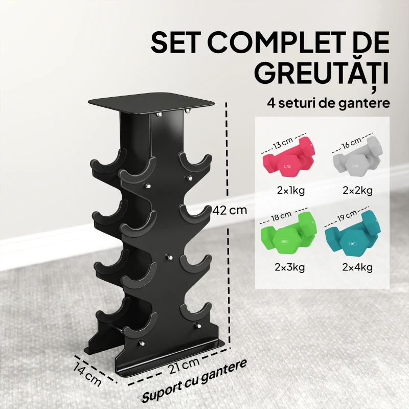 SPORTNOW Set 8 Ganterele Hexagonale Antiderapante cu Suport, din Metal și Plastic, Multicolor