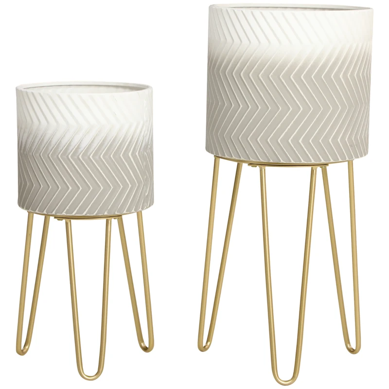 Outsunny Lot de 2 supports cache-pots ronds pour plantes en métal avec pieds épingles hauteurs 67 et 52 cm gris