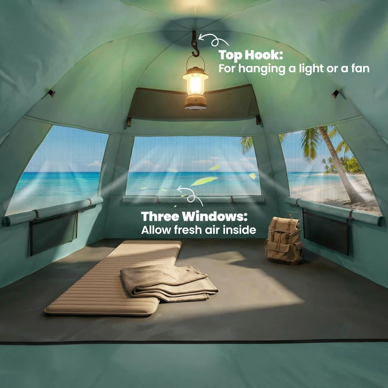 Outsunny 2-3 Person Pop Up Beach Tent, UPF15+ Sun Shelter with Extended Floor, Sandbags, Mesh Windows and Carry Bag, Green