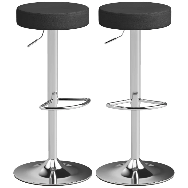 HOMCOM Set 2 Scaune de Bar Moderne și Reglabile, din Piele PU, Spumă și Metal, 38.5x38.5x62-84 cm, Negru