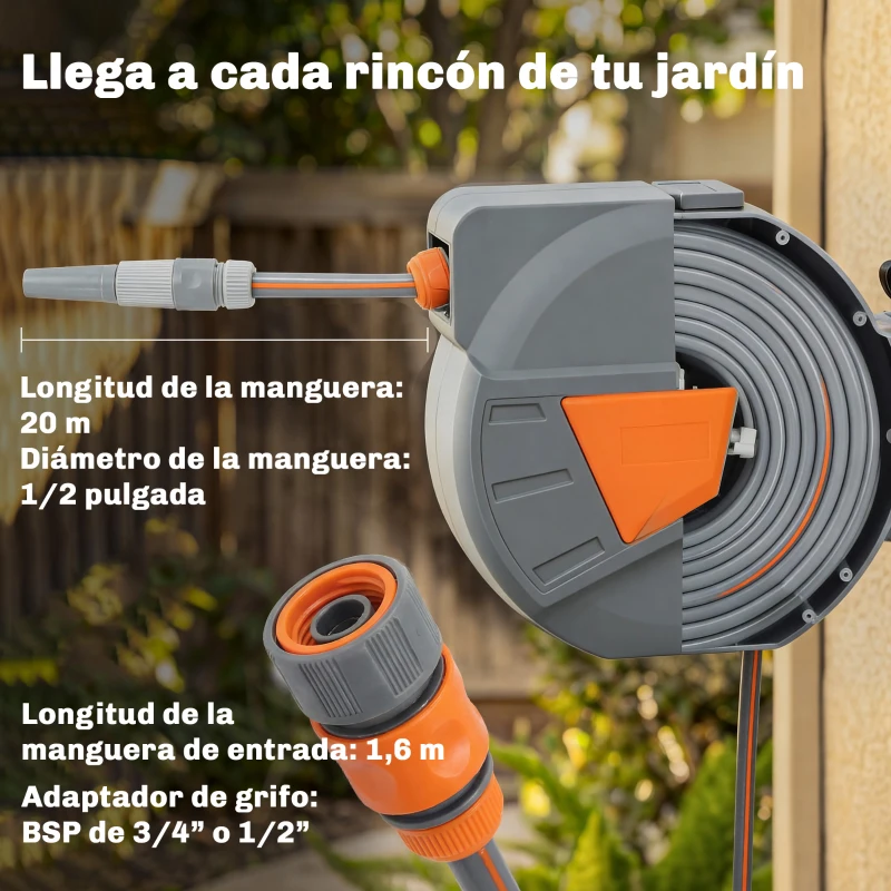 Outsunny Carrete de Manguera Retráctil 20+1,6 m con Boquilla de 2 Modos Bloqueo Automático Retracción Controlada Soporte Naranja