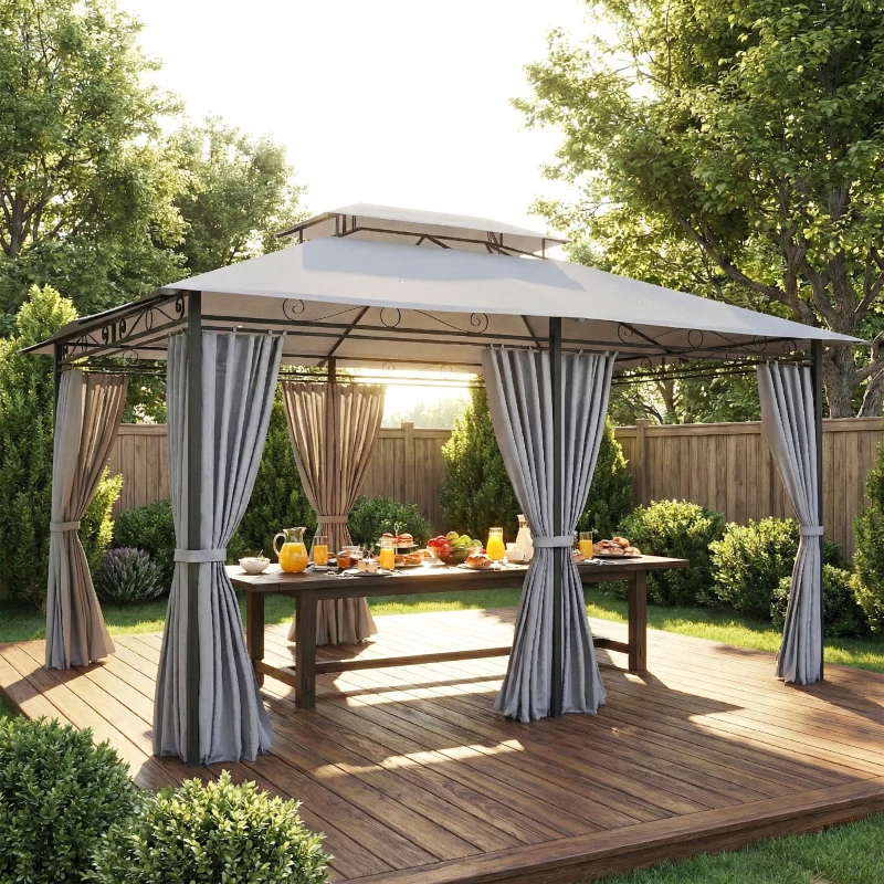 Outsunny Pérgola para Jardim 3x4 m Pérgola de Exterior com Telhado Duplo 6 Paredes Laterais Estrutura Metálica Cinza Escuro