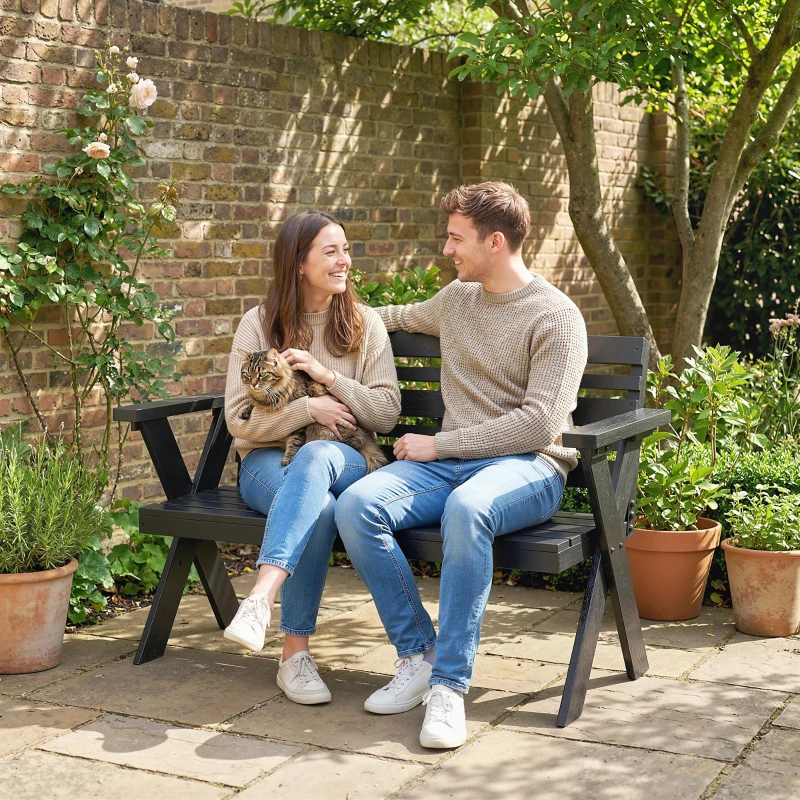 Outsunny 2 Seater Wooden Garden Bench, Slatted Patio Bench with Armrest and Backrest, Black