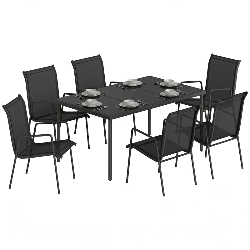Outsunny Set de Grădină 7 piese din Oțel cu 6 Scaune Stivuibile din Textilenă și Masă de Cafea cu Blat din Sticlă, Negru