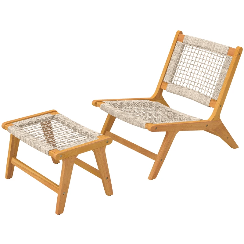 Outsunny Fotoliu de grădină cu taburet 2 piese lemn de acacia certificat FSC fotoliu lounge exterior cu șezut din ratan stil boho picioare reglabile