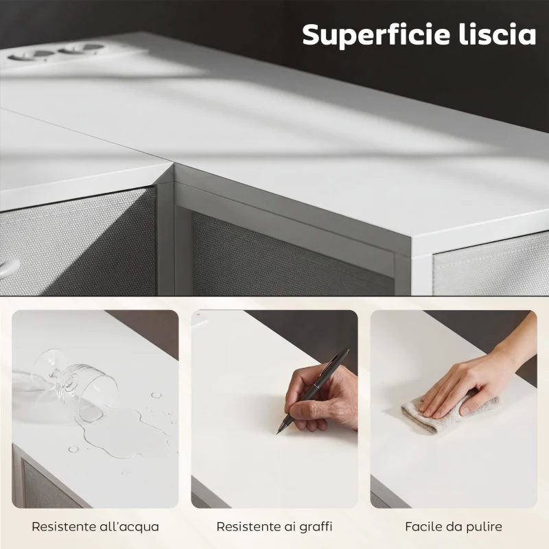 HOMCOM Scrivania Angolare a 6 Cassetti con Gancio Laterale e Prese Integrate, in Legno e Acciaio, 126x48x80 cm, Bianco