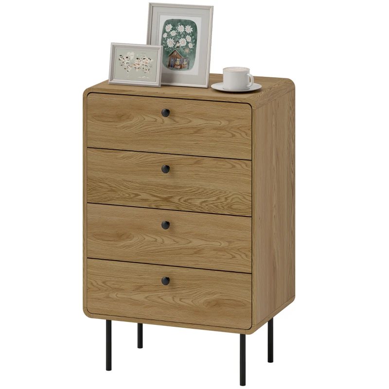 HOMCOM Kommode 4 Schubladen, schlanker Aufbewahrungsschrank mit Stahlfüßen, abgerundete Ecken, 60 x 39 x 91,5 cm, Eiche