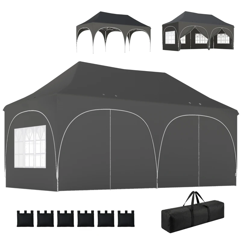 Outsunny 3 x 6m Pop Up Gazebo Shelter with Sides, 6 Sandbags, Peak Top Garden Party Tent Marquee with Carry Bag, Dark Grey