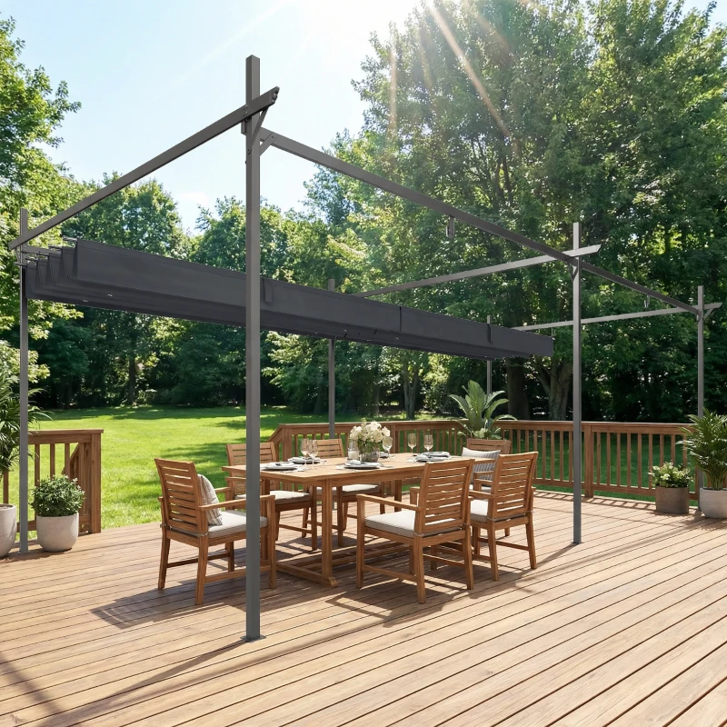 Outsunny Pérgola com Teto Retrátil de Alumínio 588x297x230 cm Pérgola com Tecido de Poliéster Anti UV Pérgola de Jardim Cinzento Escuro