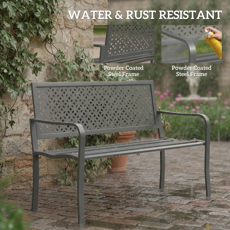 Outsunny Ławka ogrodowa 2-osobowa Metalowa odporna na warunki atmosferyczne Ławka balkonowa z oparciem odpornym na rdzę Geometryczna wytrzymałość do 240 kg