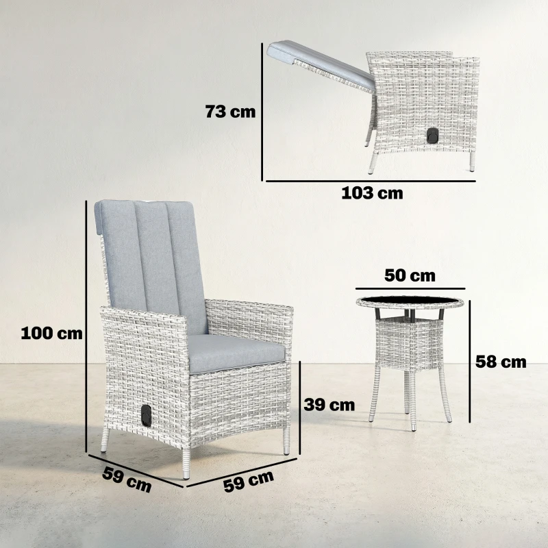 Outsunny Rattan Bistro Set, Reclining Garden Chairs and Glass Coffee Table with Cushions for Patio Balcony Porch, Light Grey