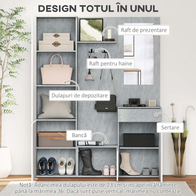 HOMCOM Mobilă de hol 4 în 1 cu oglindă, cârlige și rafturi interioare, din lemn, 145x29x184 cm, gri și alb