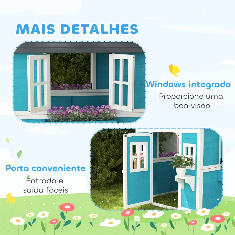 Outsunny Casinha de Madeira Infantil com Porta Janelas Floreiros e Prateleiras com Detalhes Coloridos 114x126,4x135 cm Azul