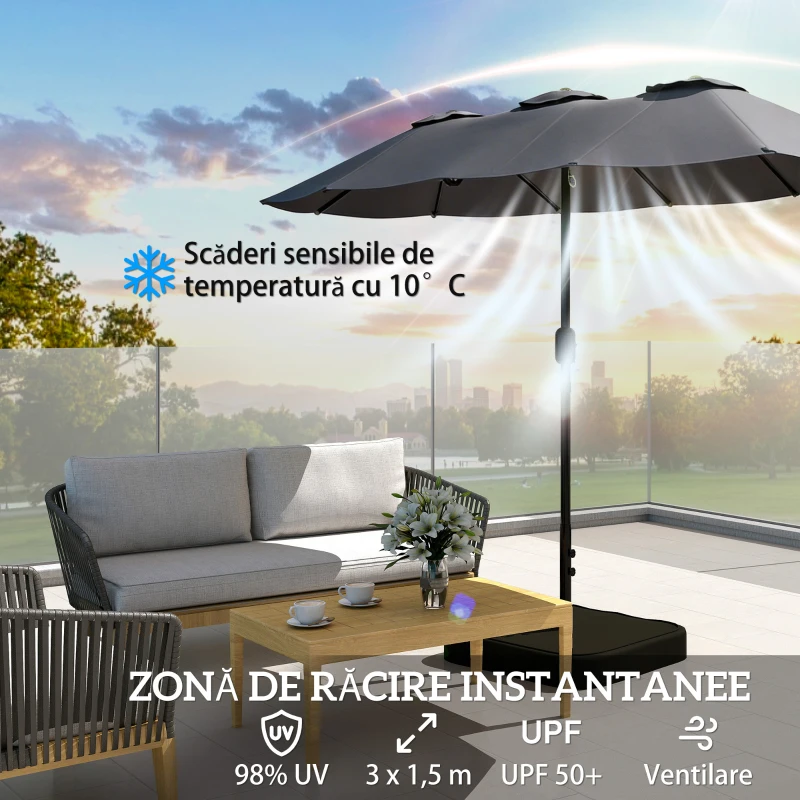 Outsunny Umbrelă Dublă cu 12 Spițe, Manivelă, Bază Metalică și Saci de Nisip, din Metal și Poliester, 3x1.5 m, Gri Închis