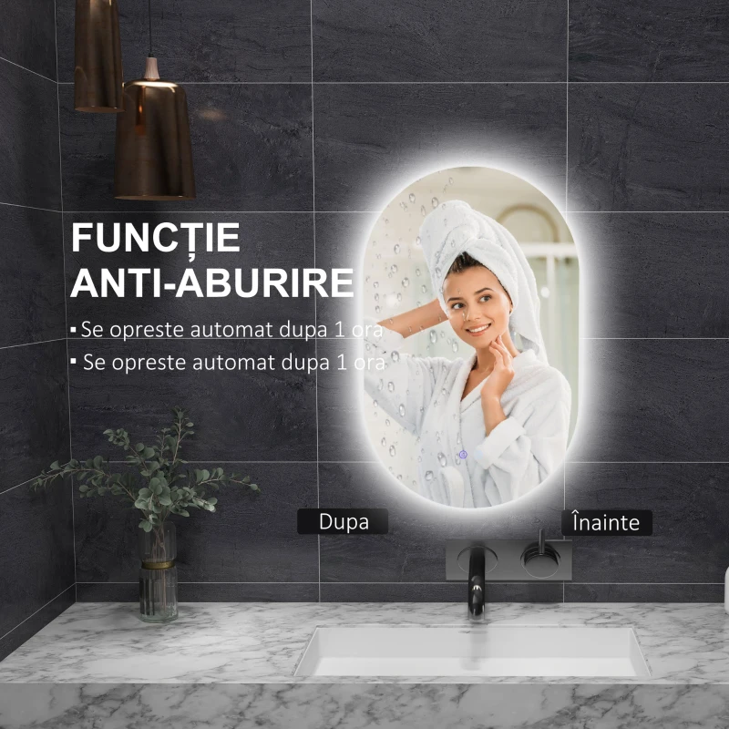 kleankin Oglindă de Baie LED Antiaburire cu Luminozitate Reglabilă, din Sticlă și Aluminiu, 81x51x4.5 cm