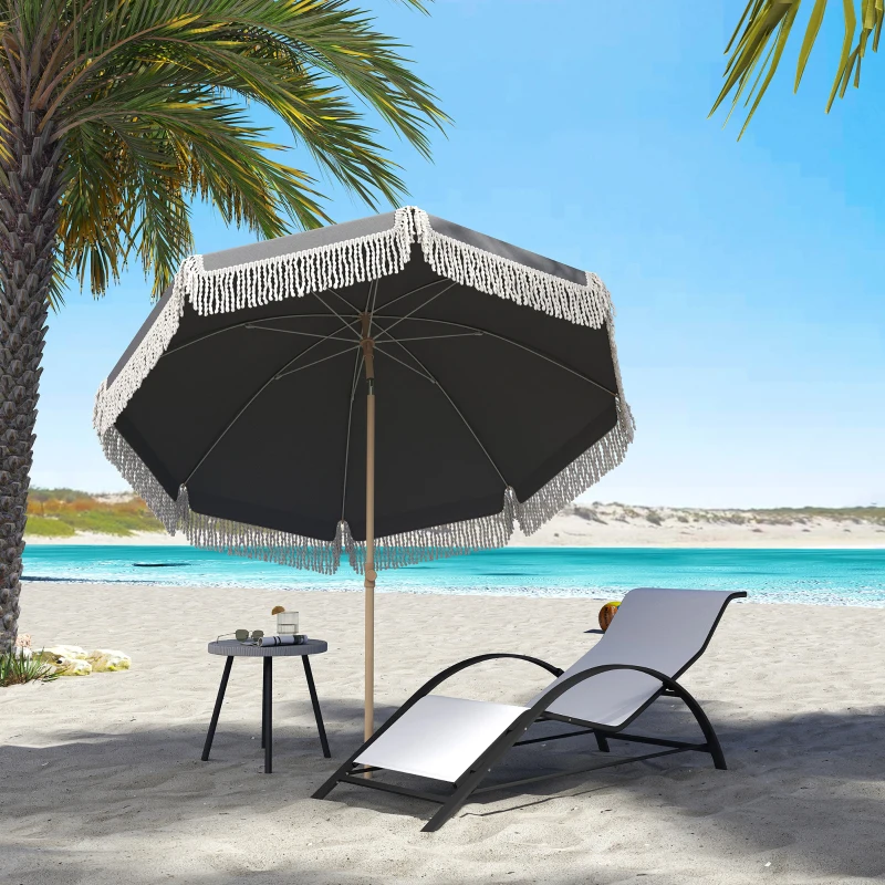 Outsunny 1.7 m Beach Umbrella with Sand Anchor, 30° Tilting Fringed Beach Garden Parasol with Adjustable Height, Grey