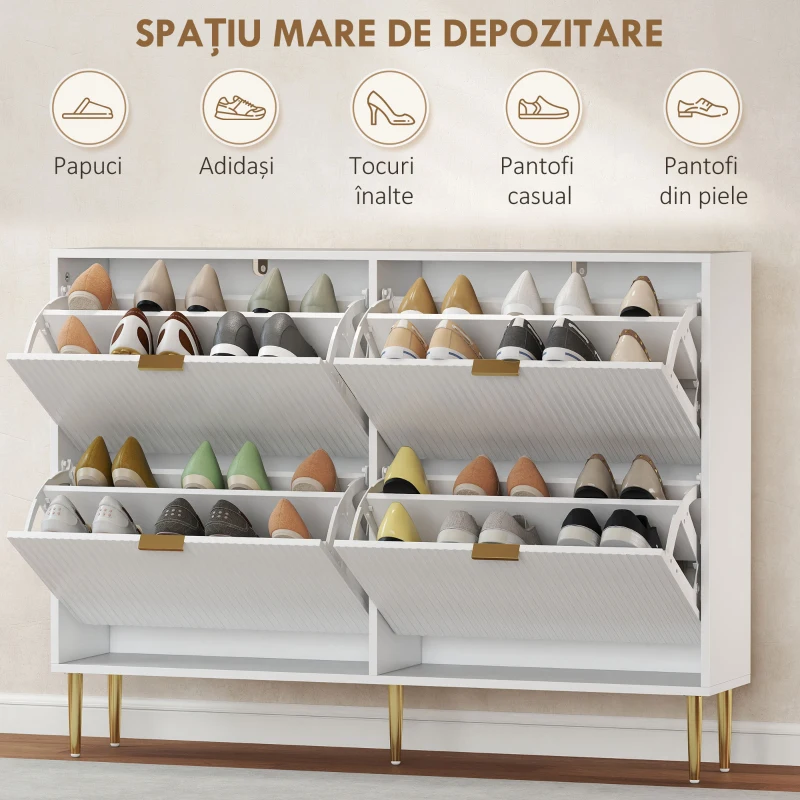 Dulap HOMCOM Subțire pentru 20 de Perechi de Pantofi cu 4 Sertare Reversibile și Rafturi Reglabile, 105x24x91.5 cm, Alb