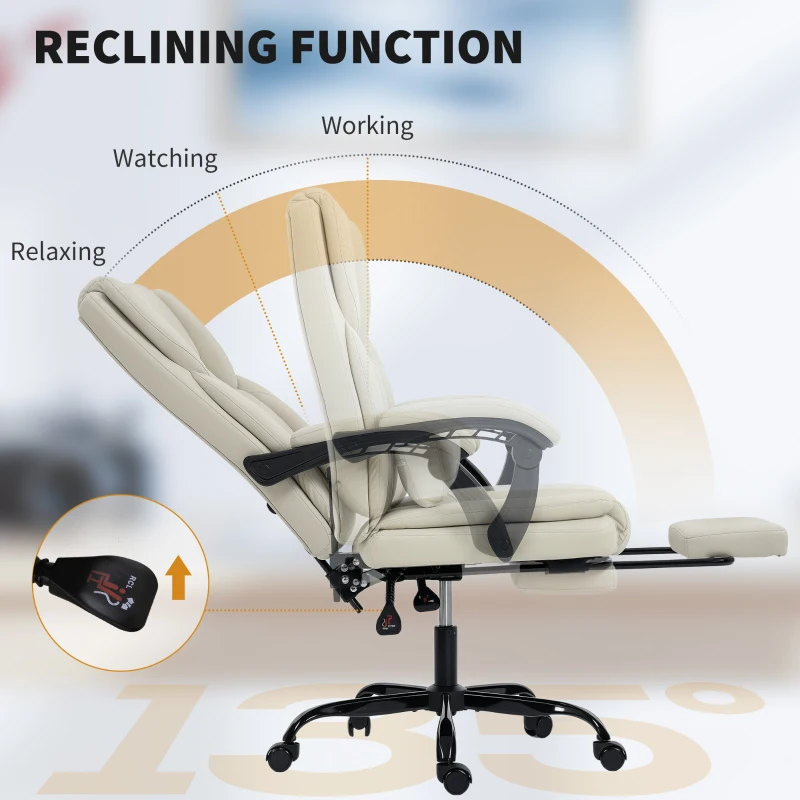 HOMCOM Krzesło biurowe z przyjaznym zwierzętom pokryciem ze skóry ekologicznej, z podnóżkiem, regulowana wysokość, na kółkach, Beżowe