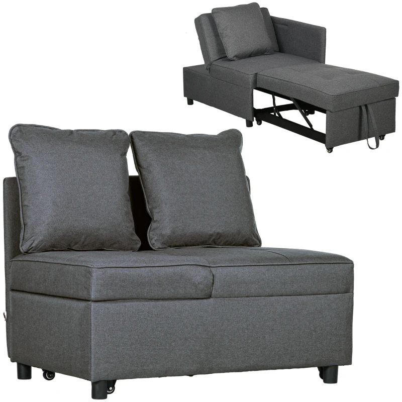 HOMCOM Convertible Single Sofa Bed, 3-in-1 Multi-Functional Sleeper Chair Bed with Magazine Pocket, Grey