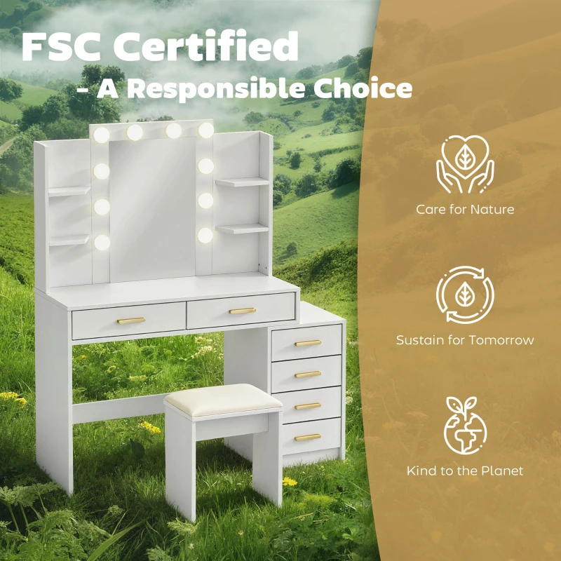 HOMCOM Toaletka z podświetlanym lustrem i wyściełanym taboretem, zestaw kosmetyczny z 6 szufladami i półkami, biała