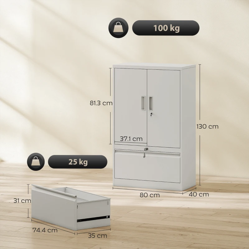 HOMCOM Mobile da Ufficio in Acciaio con Ripiano Interno Regolabile e Cassetto, 80x40x130 cm, Bianco