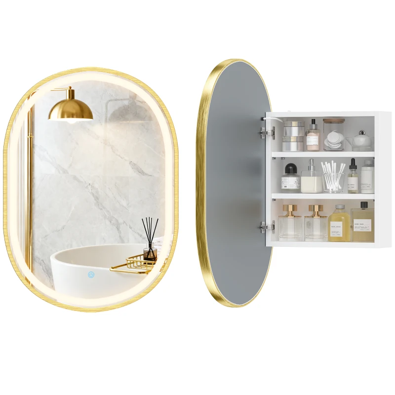 HOMCOM Armário de Casa de Banho com Espelho e Luzes LED de 3 Cores Armário de Parede Oval com Memória e Função Antivapor Dourado