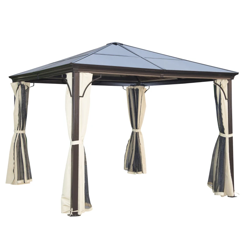 Outsunny Tonnelle pavillon de jardin imperméable 4 parois latérales anti-UV 4 moustiquaires panneaux polycarbonate alu 3L x 3l x 2,6H m chocolat beige