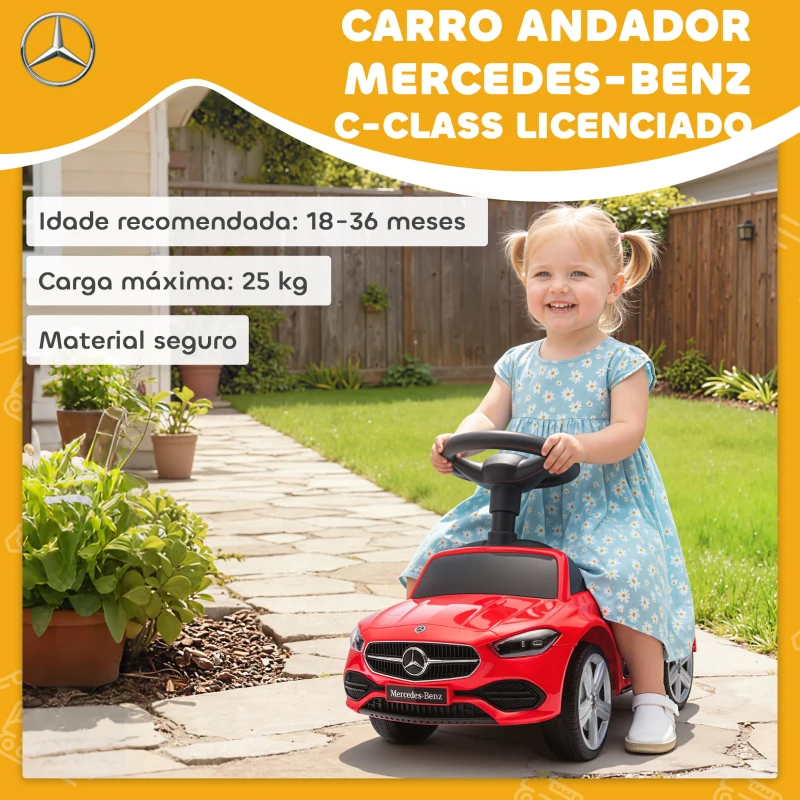 AIYAPLAY Carro Andador para Crianças Mercedes-Benz Classe C com Buzina Volante Sons de Motor e Espaço de Armazenamento 65x28x39 c