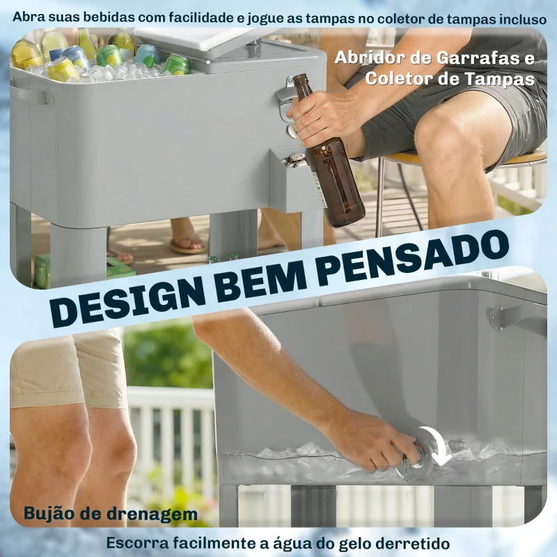 Outsunny Carrinho Refrigerador de 76L com Rodas Prateleira Abre-Garrafas Coletor de Tampas Dreno e 2 Alças para Pátio Festa 92x39x81 cm Prata