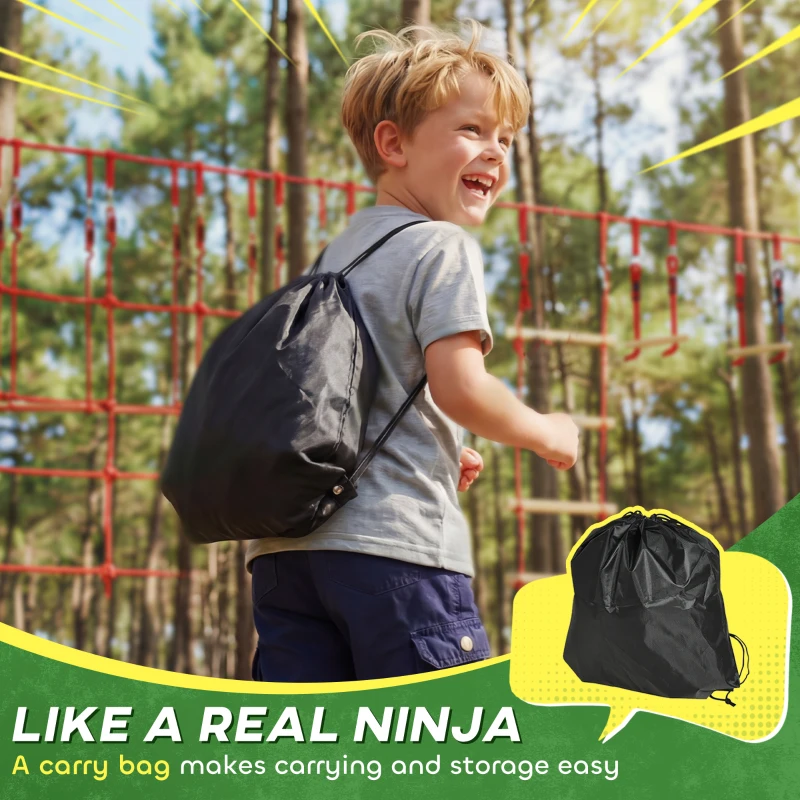 AIYAPLAY Ninja Line zestaw 10 m z siatką, pierścieniami, huśtawką i drabinką dla dzieci 3-6 lat, 1000x300x180 cm, czerwony