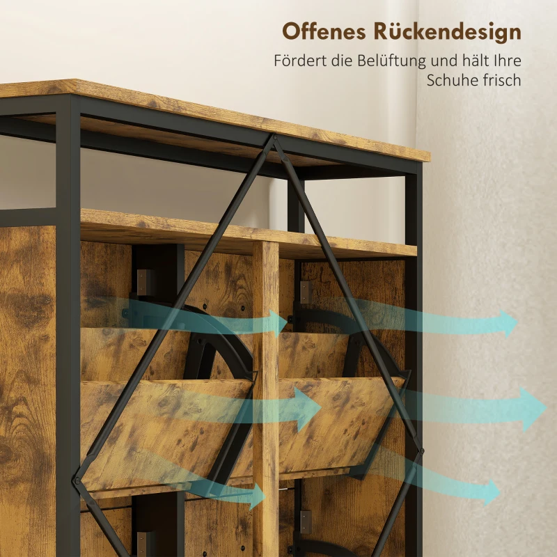 HOMCOM Schuhschrank mit 4 klappbaren Schubladen, schmales Design, offenes Regal, für 12-20 Paar Schuhe, Stahl, Braun