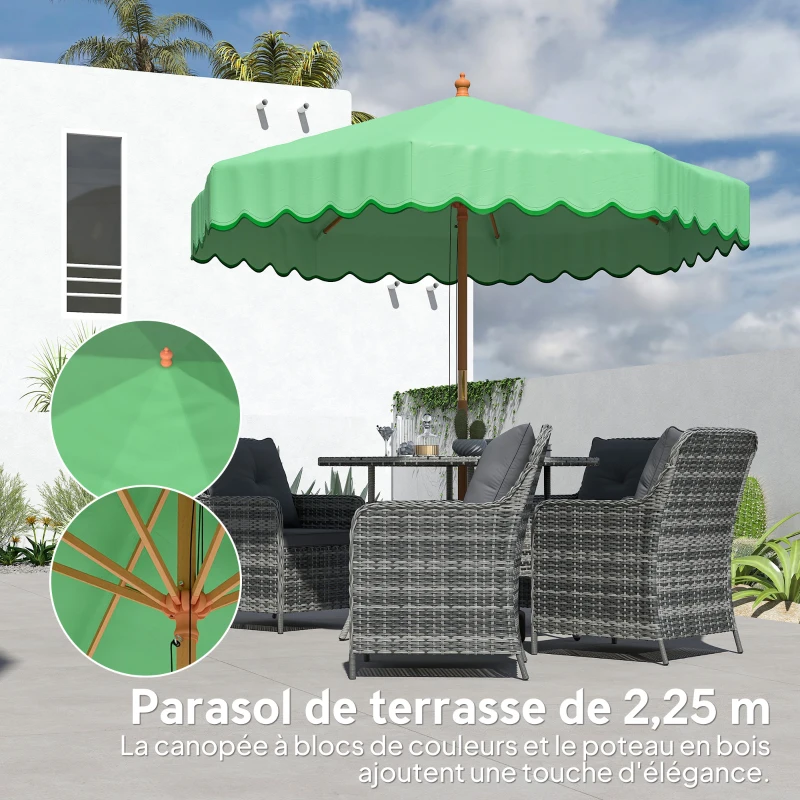 Outsunny Parasol de Jardin Rond avec Volants Rétro Chic Aspect Bois Protection Solaire UV 230cm Vert Clair