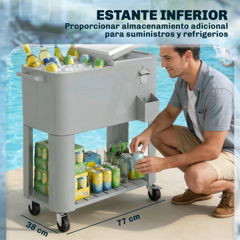 Outsunny Carrito Nevera de 76L con Ruedas Estante Abrebotellas Recogetapas Drenaje y 2 Asas para Patio Fiesta 92x39x81 cm Plata