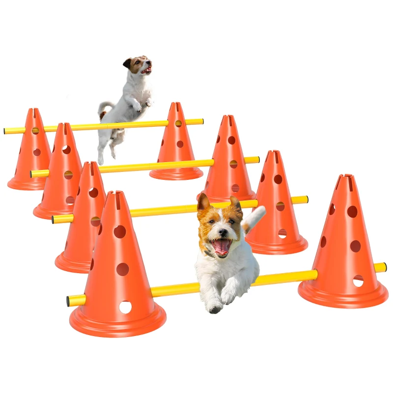 PawHut Conjunto de Agilidade para Cães Barreiras de Obstáculos para Treino de Coordenação 8 Cones 8 Barras Bolsa de Transporte Laranja
