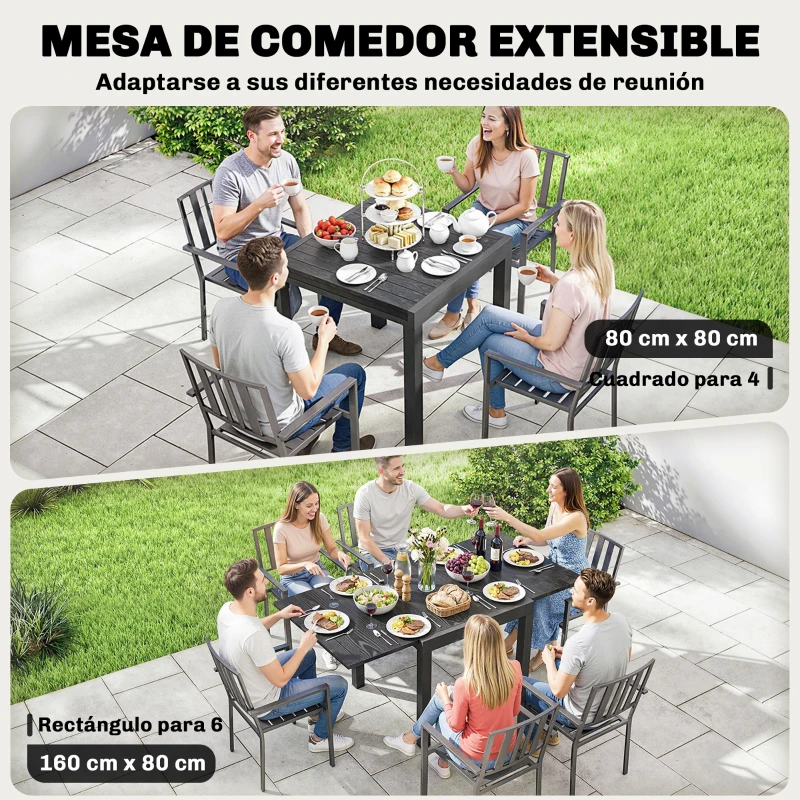 Outsunny Mesa de Comedor Exterior Extensible 80/160 cm para 4-6 Personas de Aluminio con Tapa de Listones Efecto Madera Negro