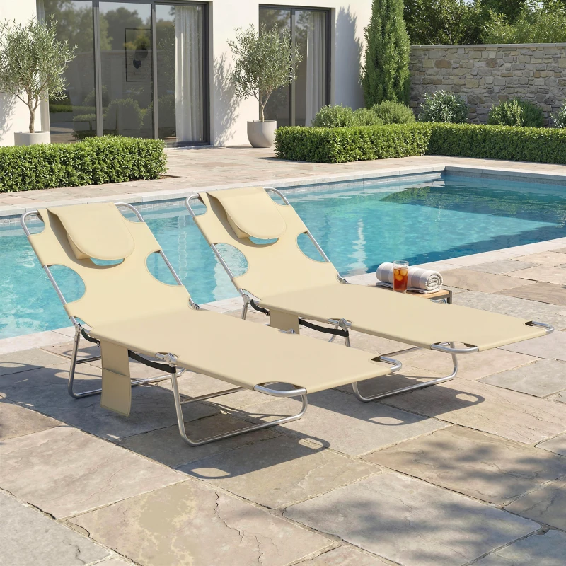 Outsunny 5-Position Adjustable Sun Loungers Set of 2 with Reading Hole and Side Pocket, Beige