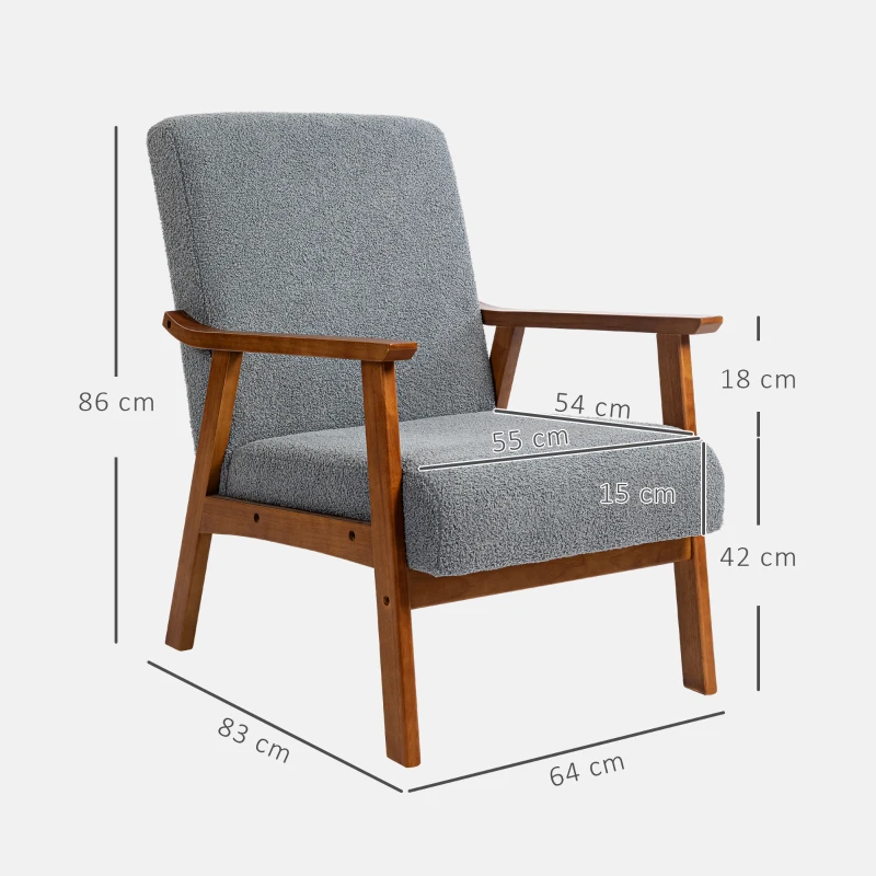 HOMCOM Armchair with Wide Seat, Boucle Accent Chair, Thick Padded Occasional Chair with Solid Wood Frame for Living Room Bedroom Home Office Reception Balcony, Grey