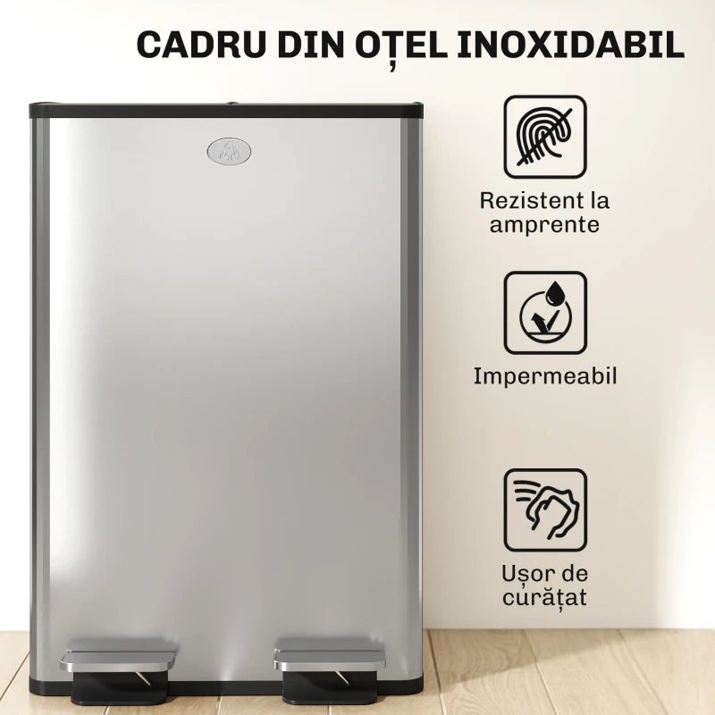 HOMCOM Coș de Gunoi 2 x 20L cu Pedală, din Oțel, pentru Bucătărie, cu Capac cu Închidere Ușoară, Recipiente Interioare Detașabile, Rezistent la Urmele de Degete, Argintiu