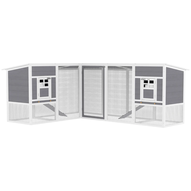 PawHut Gallinero de Madera Grande Exterior en L para Esquina con 2 Nidos Corral Bandejas Extraíbles 251x192x103 cm Gris