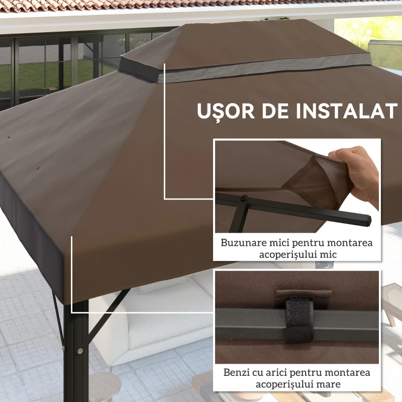 Outsunny Acoperiș pentru Cort de Grădină 3x4 m cu 2 Niveluri din Țesătură Oxford 600D, cu Orificii de Drenaj, Cafeniu