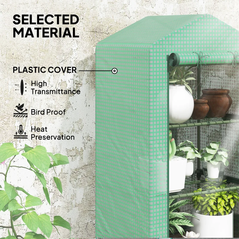 Outsunny 3 Tier Mini Greenhouse Portable Garden Grow House with Roll Up Door and Wire Shelves, 69 x 49 x 125 cm, Green