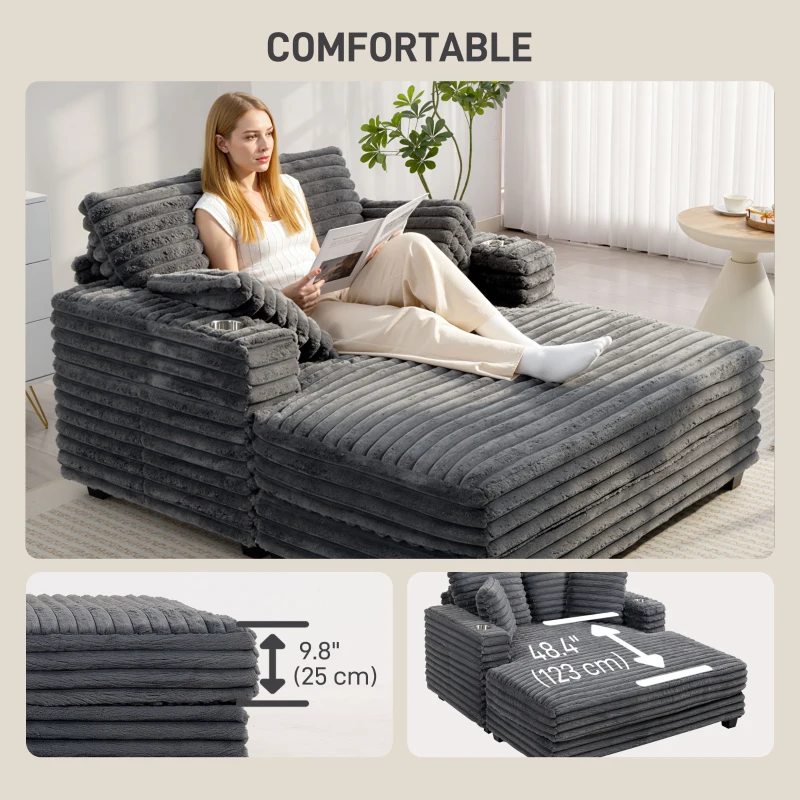HOMCOM Szezlong 2-osobowy, sofa z funkcją spania 134 x 151 cm z uchwytami na napoje, do salonu, szara