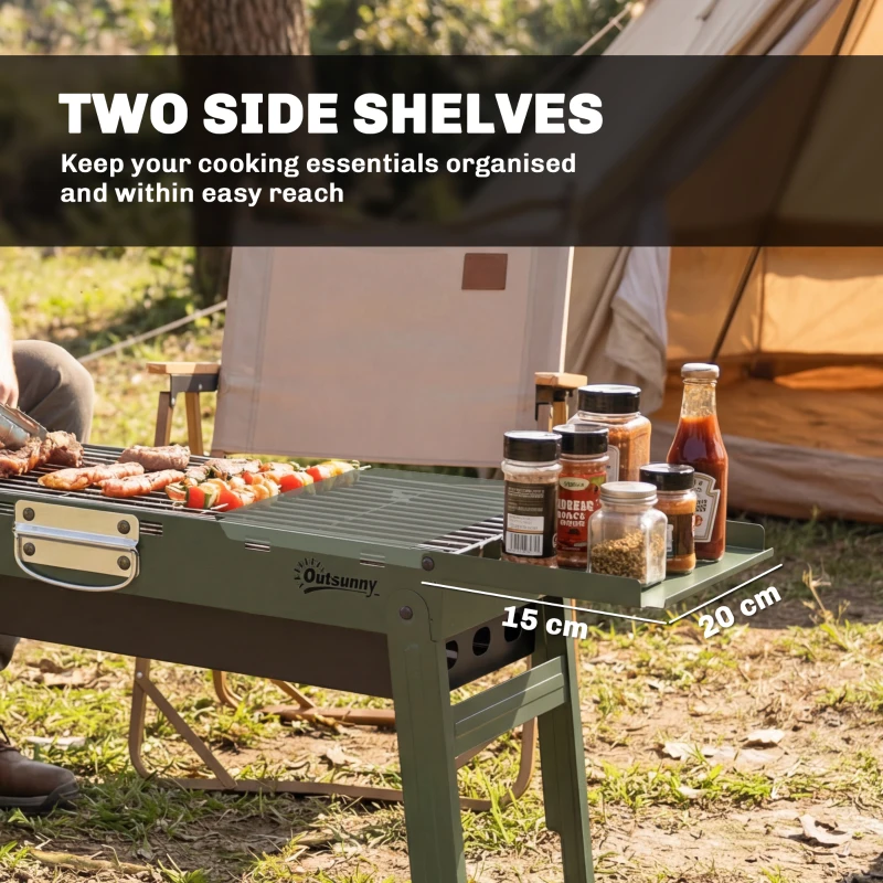 Outsunny Portable BBQ Grill, Foldable Charcoal Grill for Camping and Picnics with 2 Side Shelves and Handle, Green