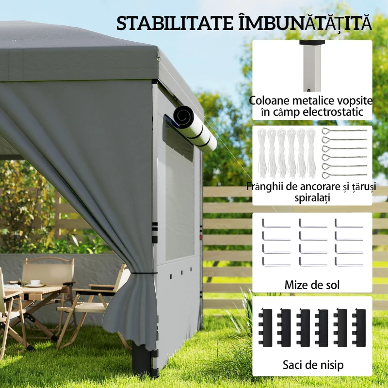 Outsunny Foișor Pliabil 3x6m Pop-Up cu 6 Pereți Laterali, Foișor de Grădină Reglabil pe Înălțime cu Saci de Nisip, Geantă cu Roți, UV50+ pentru Exterior, Gri Închis